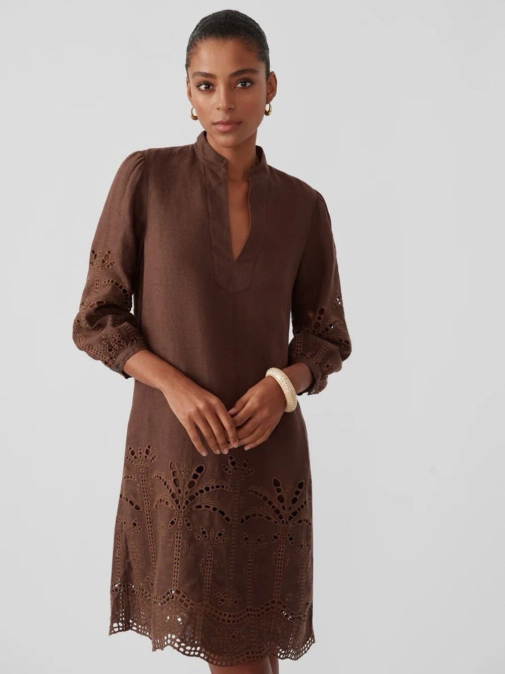 J.Mclaughlin 3/4 Sleeve Linen Blend Newbury Eyelet Dress Brown Women's Large